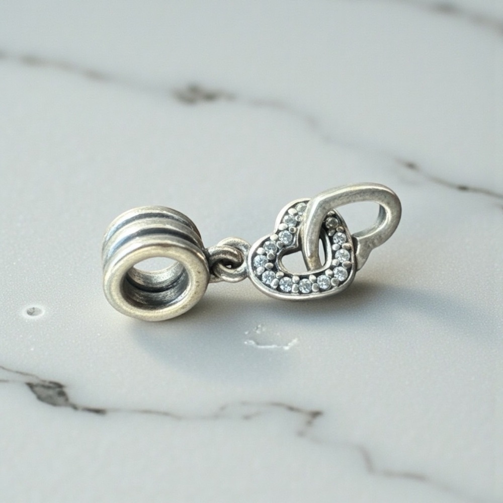 .925 Sterling Silver Charm Bracelet Charm- Dangle Double Hearts W/ Diamond Chip